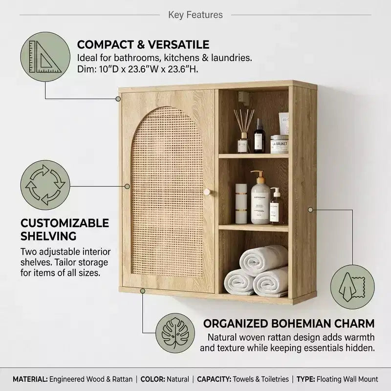 Boho Rattan Wall Cabinet with Arched Door and Open Shelf