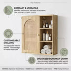 Boho Rattan Wall Cabinet with Arched Door and Open Shelf