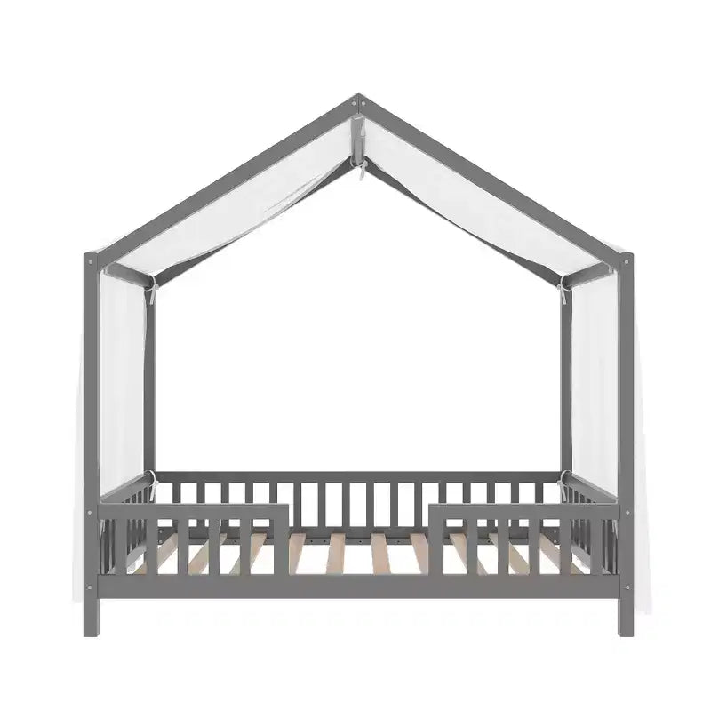 Twin Size Low House Shape Montessori Bed Frame With Curtains