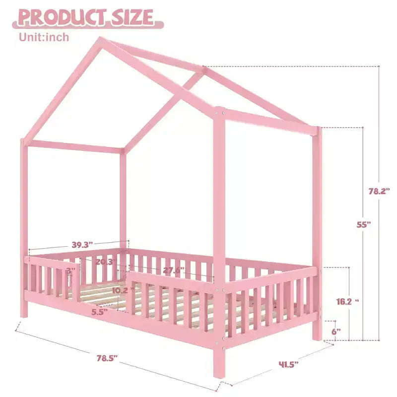 Twin Size Low House Shape Montessori Bed Frame With Curtains