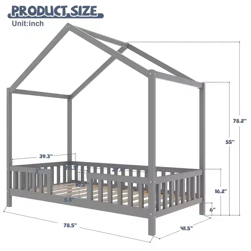 Twin Size Low House Shape Montessori Bed Frame With Curtains