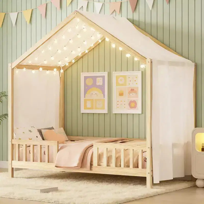 Twin Size Low House Shape Montessori Bed Frame With Curtains