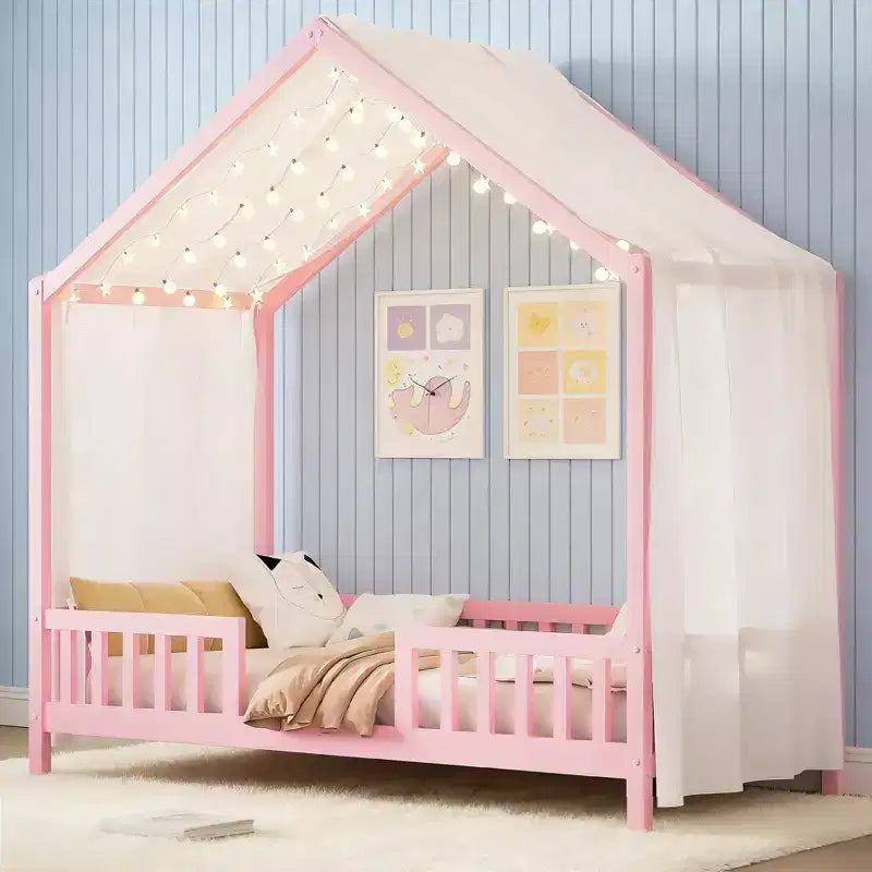 Twin Size Low House Shape Montessori Bed Frame With Curtains