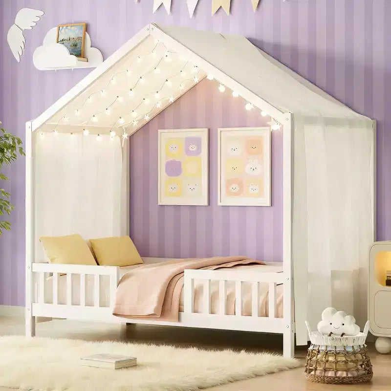 Twin Size Low House Shape Montessori Bed Frame With Curtains