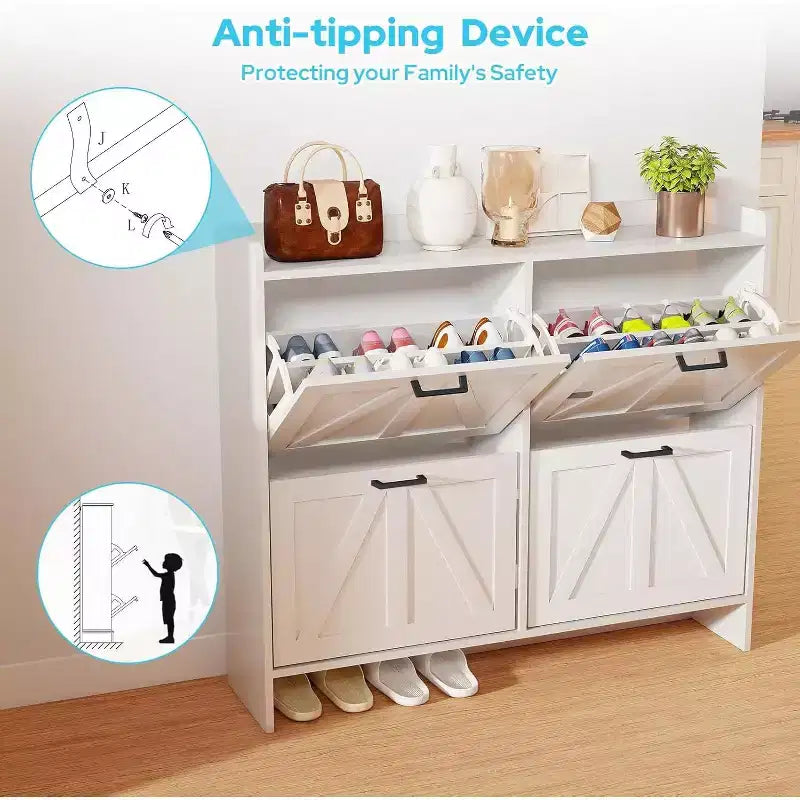 White Shoe Cabinet with 4 Flip Drawers and Adjustable Shelf