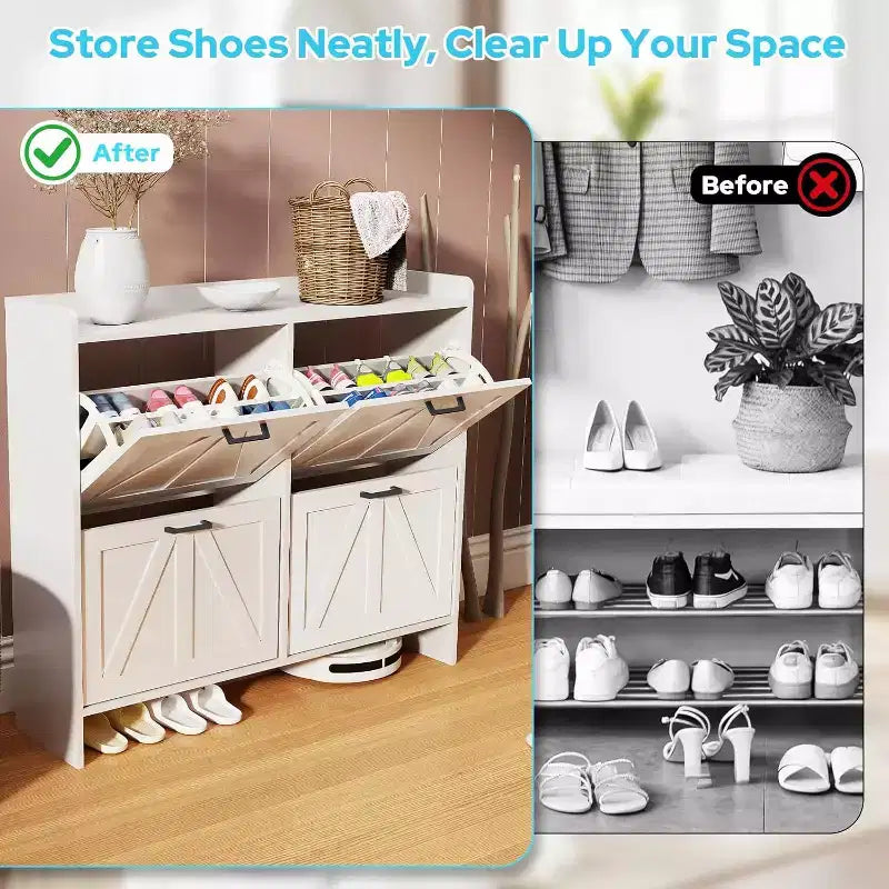 White Shoe Cabinet with 4 Flip Drawers and Adjustable Shelf