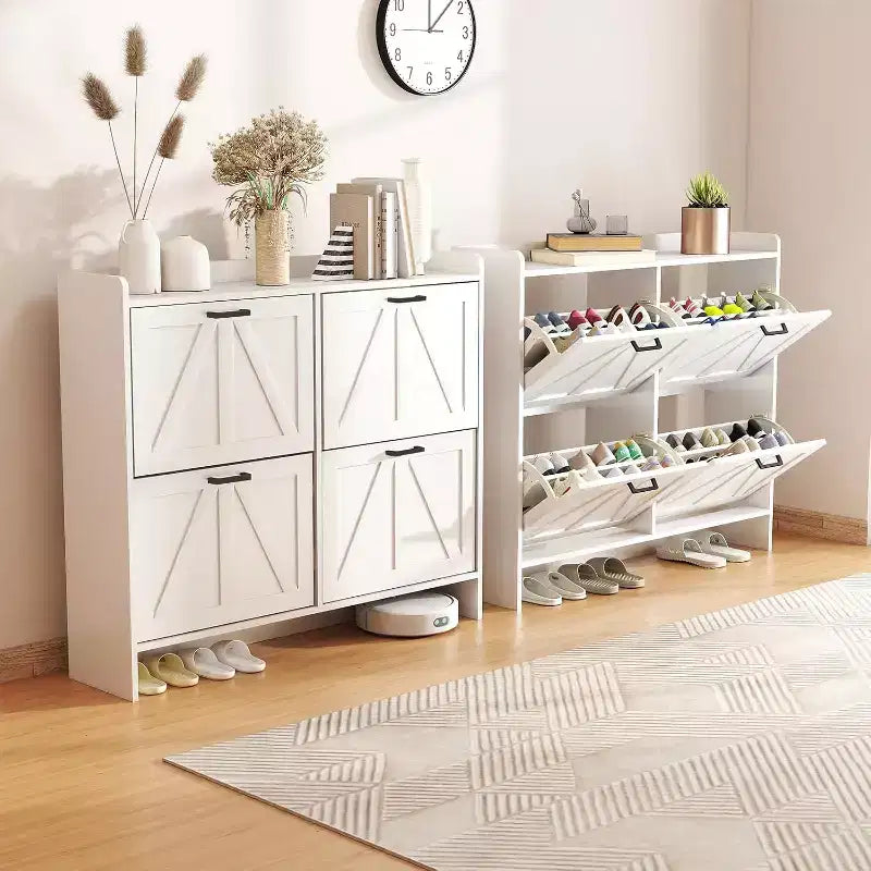 White Shoe Cabinet with 4 Flip Drawers and Adjustable Shelf