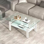 Tempered Glass Coffee Table with Metal Frame, 2-Tier Rectangular Center Table for Living Room