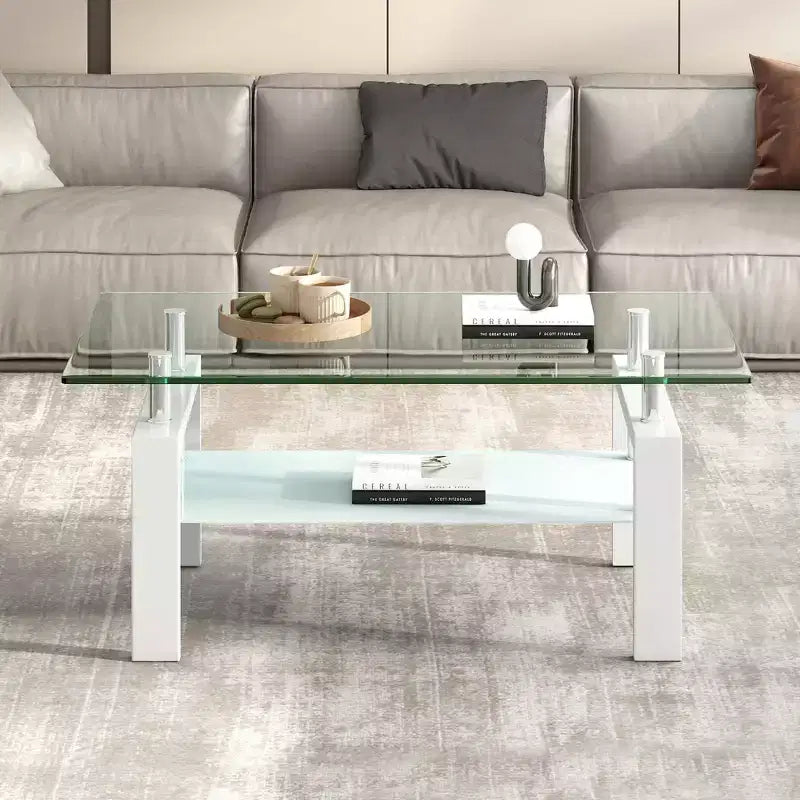 Tempered Glass Coffee Table with Metal Frame, 2-Tier Rectangular Center Table for Living Room