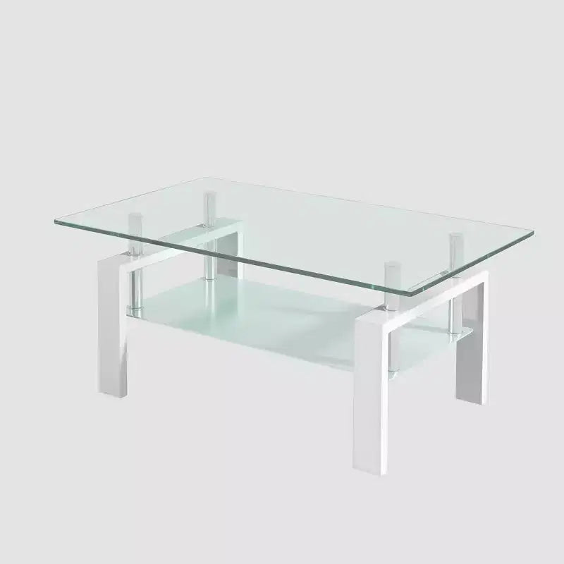 Tempered Glass Coffee Table with Metal Frame, 2-Tier Rectangular Center Table for Living Room
