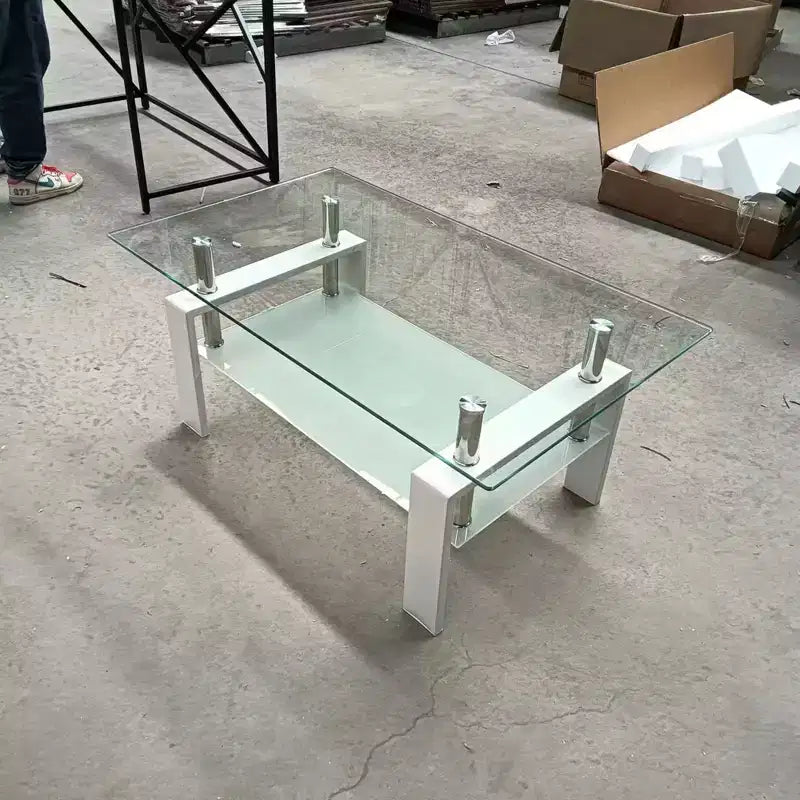 Tempered Glass Coffee Table with Metal Frame, 2-Tier Rectangular Center Table for Living Room