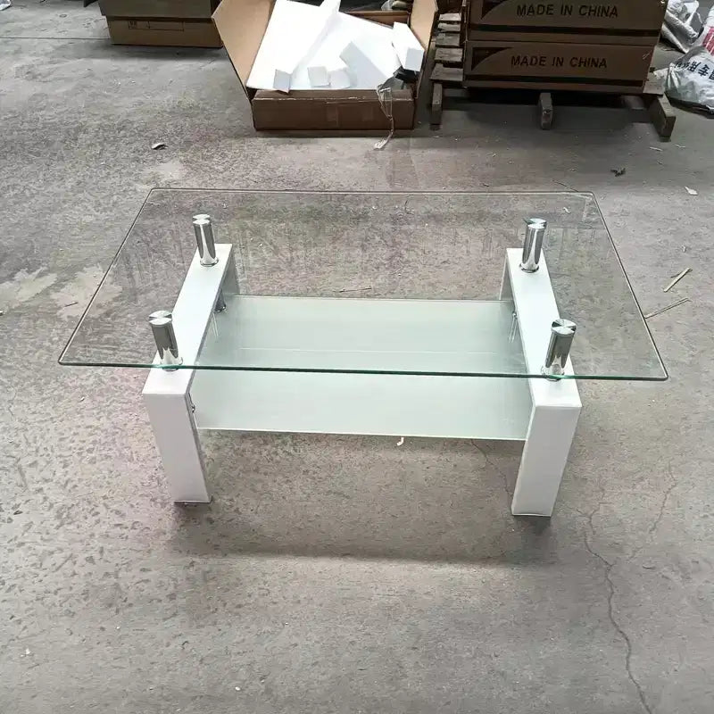 Tempered Glass Coffee Table with Metal Frame, 2-Tier Rectangular Center Table for Living Room