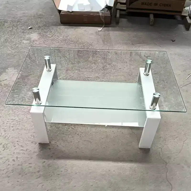 Tempered Glass Coffee Table with Metal Frame, 2-Tier Rectangular Center Table for Living Room
