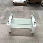 Tempered Glass Coffee Table with Metal Frame, 2-Tier Rectangular Center Table for Living Room