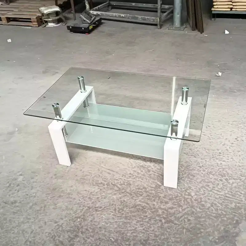 Tempered Glass Coffee Table with Metal Frame, 2-Tier Rectangular Center Table for Living Room