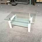 Tempered Glass Coffee Table with Metal Frame, 2-Tier Rectangular Center Table for Living Room
