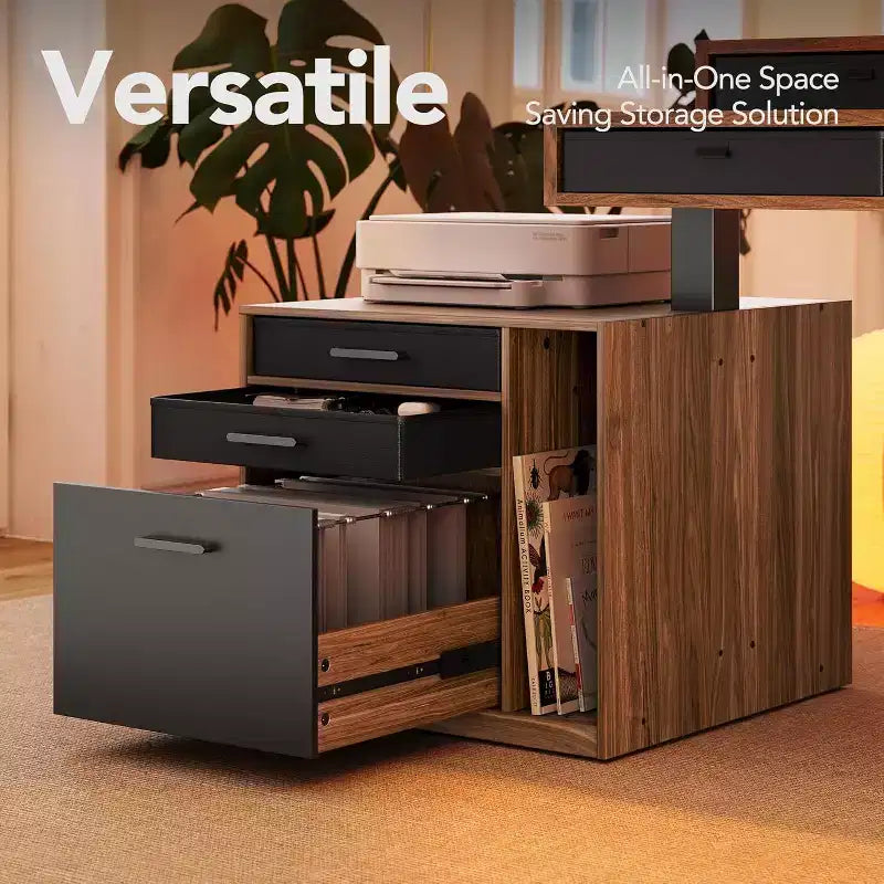 L-Shaped Electric Standing Desk with Storage Drawers and File Cabinet, Walnut