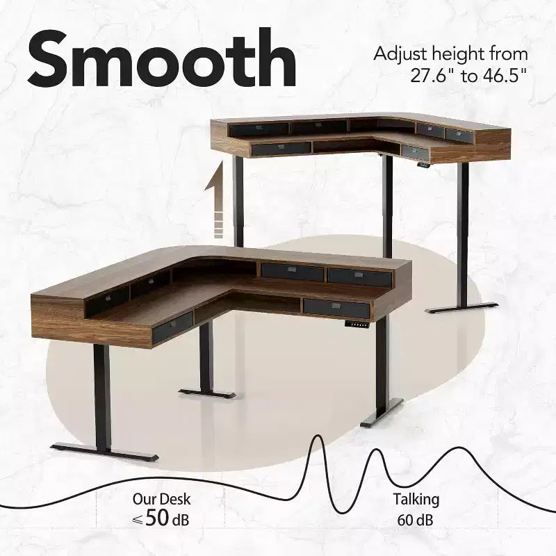 L-Shaped Electric Standing Desk with Storage Drawers and File Cabinet, Walnut