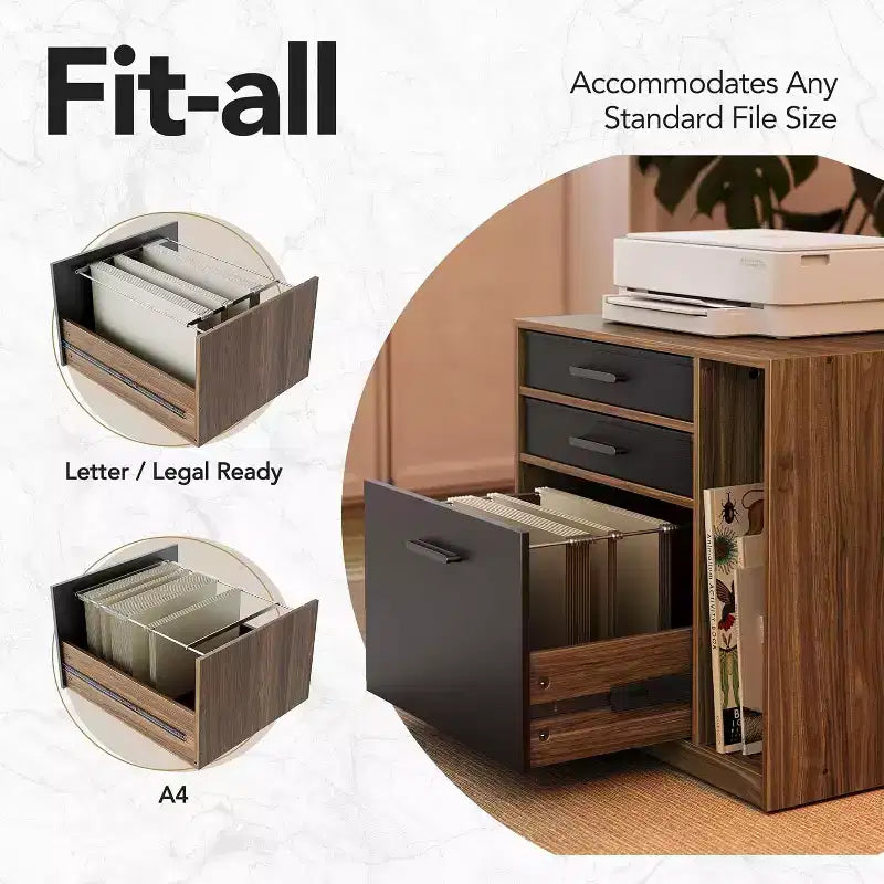 L-Shaped Electric Standing Desk with Storage Drawers and File Cabinet, Walnut