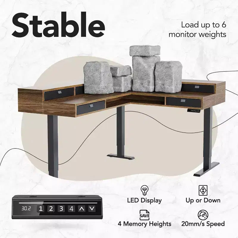 L-Shaped Electric Standing Desk with Storage Drawers and File Cabinet, Walnut