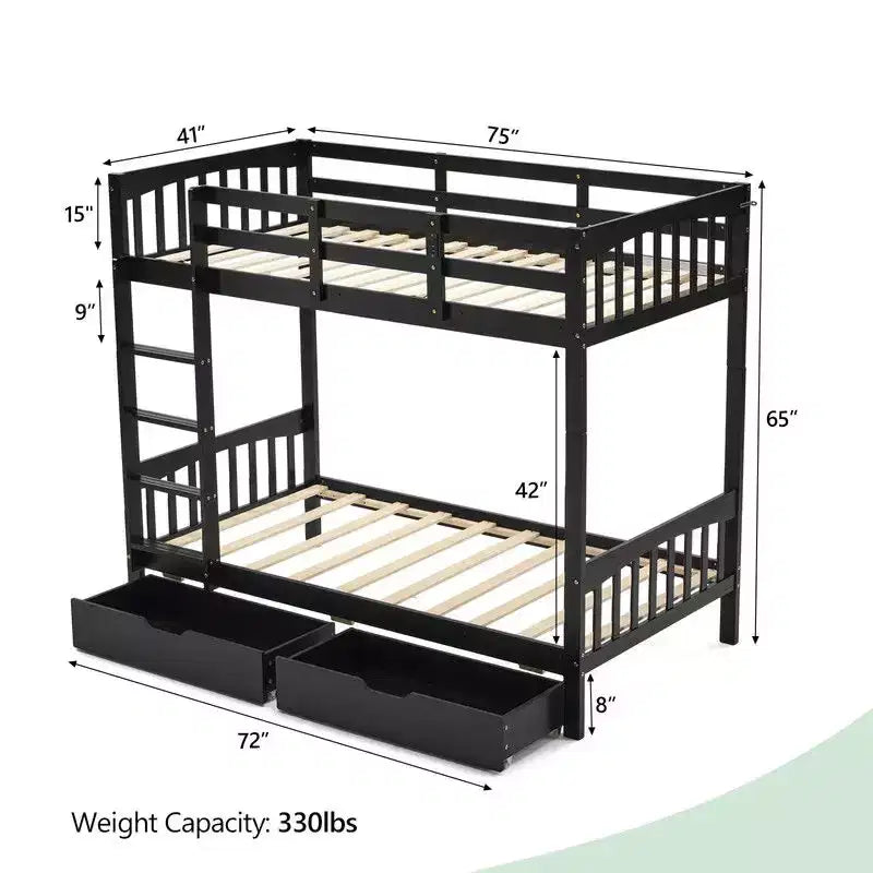 Black Solid Wood Twin Bunk Bed with Charging Station, RGB LED, 2 Drawers, Safety Guardrail and Ladders