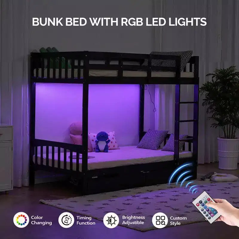 Black Solid Wood Twin Bunk Bed with Charging Station, RGB LED, 2 Drawers, Safety Guardrail and Ladders