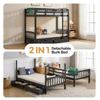 Black Solid Wood Twin Bunk Bed with Charging Station, RGB LED, 2 Drawers, Safety Guardrail and Ladders
