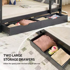 Black Solid Wood Twin Bunk Bed with Charging Station, RGB LED, 2 Drawers, Safety Guardrail and Ladders