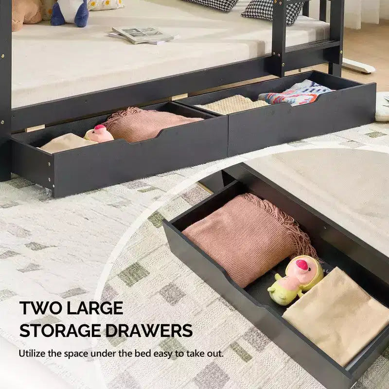 Black Solid Wood Twin Bunk Bed with Charging Station, RGB LED, 2 Drawers, Safety Guardrail and Ladders