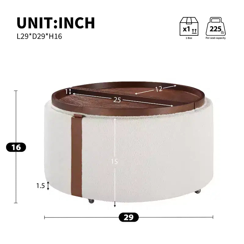 Round Storage Ottoman with Casters and Reversible Tray Lids