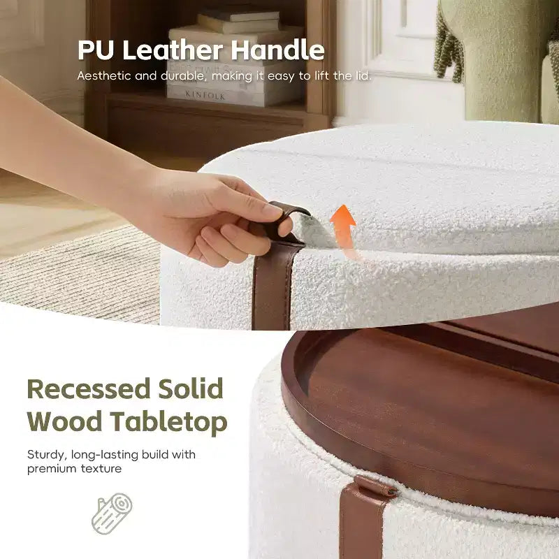 Round Storage Ottoman with Casters and Reversible Tray Lids