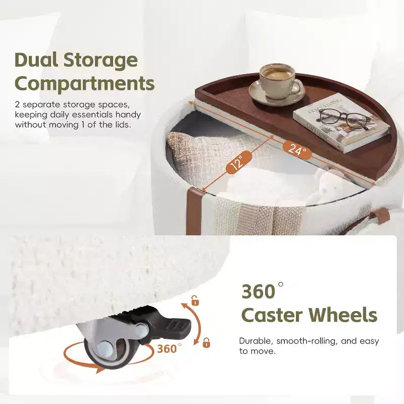 Round Storage Ottoman with Casters and Reversible Tray Lids