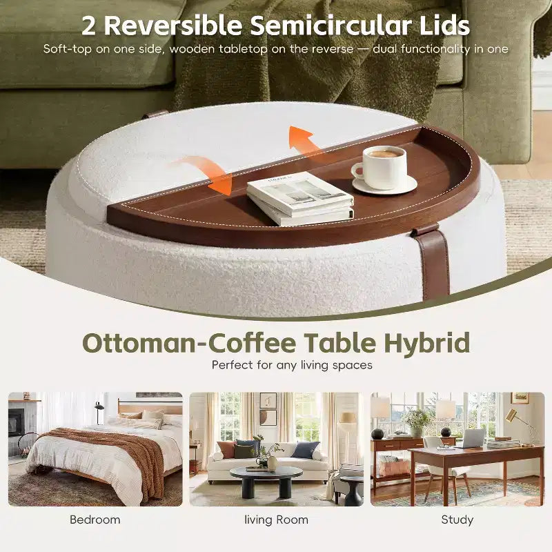 Round Storage Ottoman with Casters and Reversible Tray Lids