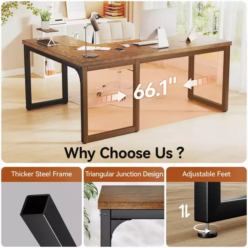 66-Inch L-Shaped Corner Computer Desk with Extra-Thick Desktop and Heavy-Duty Metal Frame, Rustic Brown