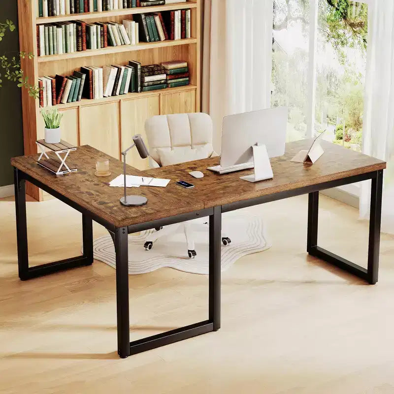 66-Inch L-Shaped Corner Computer Desk with Extra-Thick Desktop and Heavy-Duty Metal Frame, Rustic Brown