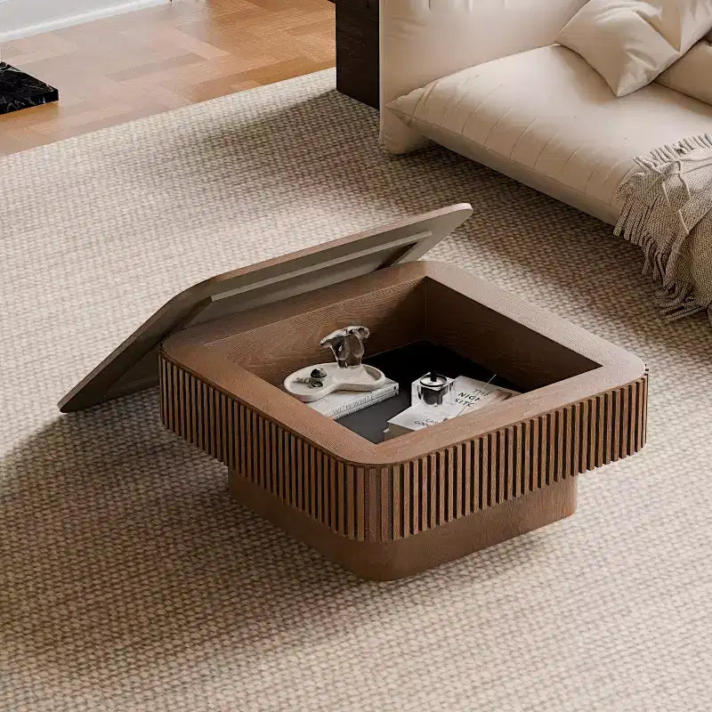 Square Coffee Table with Storage, Modern Wood Center Table for Living Room