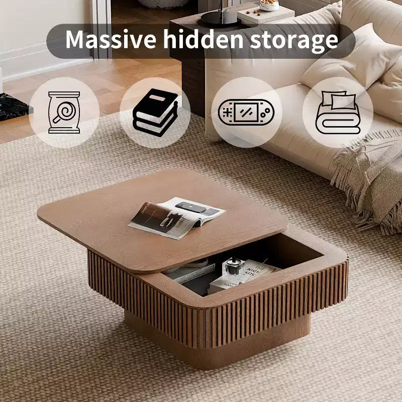 Square Coffee Table with Storage, Modern Wood Center Table for Living Room