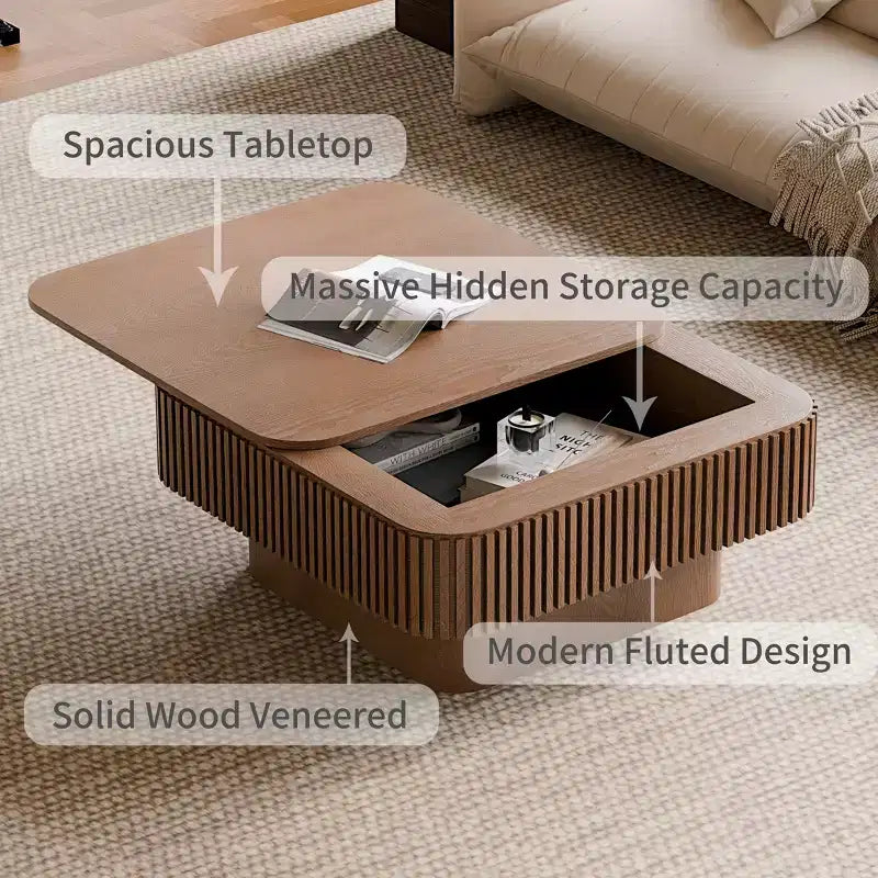 Square Coffee Table with Storage, Modern Wood Center Table for Living Room