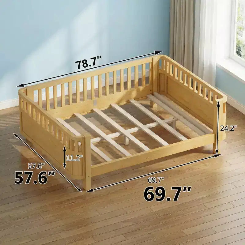 Full Size Wood Platform Bed for Kids with Safety Rails