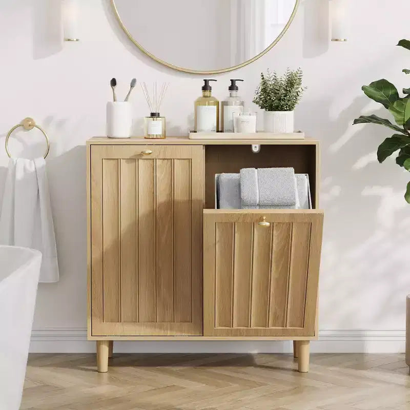 Houten wasmandkast met 2 uitneembare manden