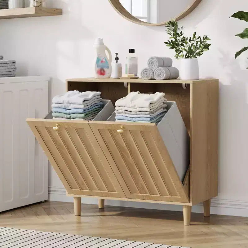 Houten wasmandkast met 2 uitneembare manden