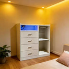 Modern LED Dresser with Open Wardrobe and 4 Drawers
