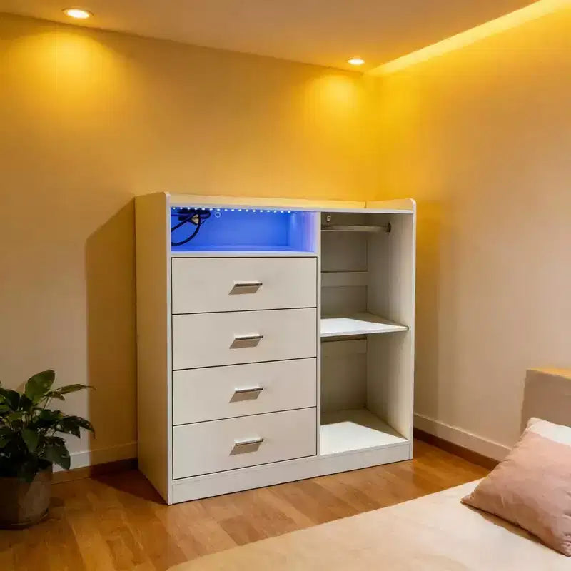 Modern LED Dresser with Open Wardrobe and 4 Drawers