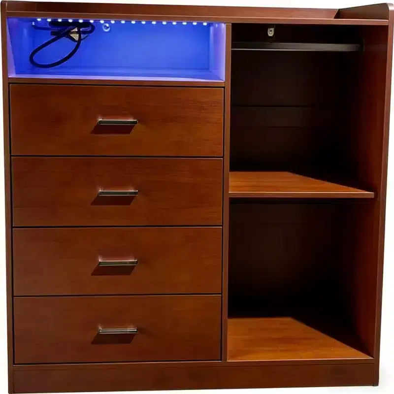 Modern LED Dresser with Open Wardrobe and 4 Drawers