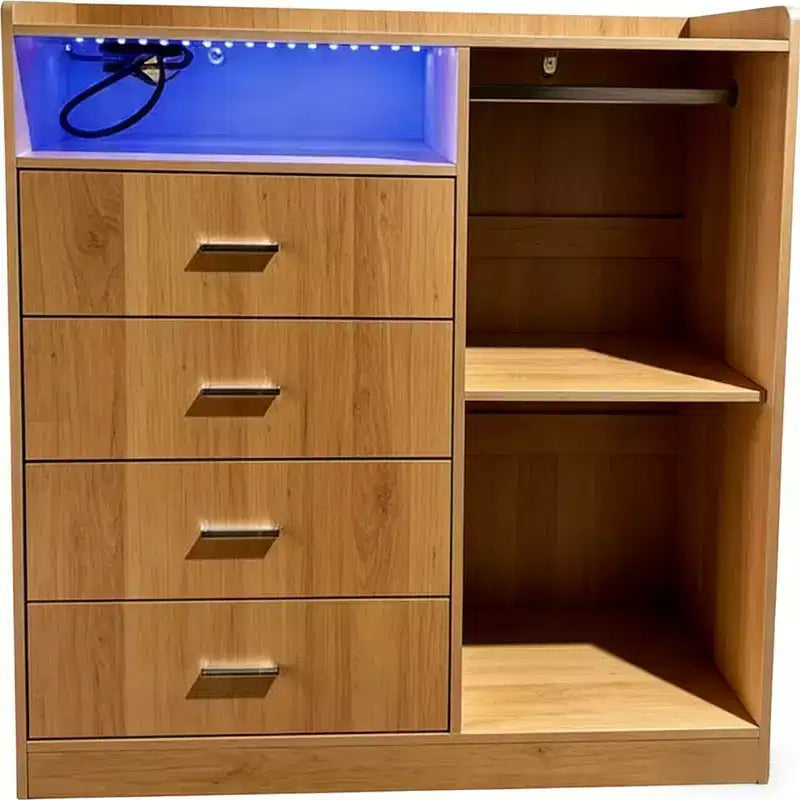 Modern LED Dresser with Open Wardrobe and 4 Drawers