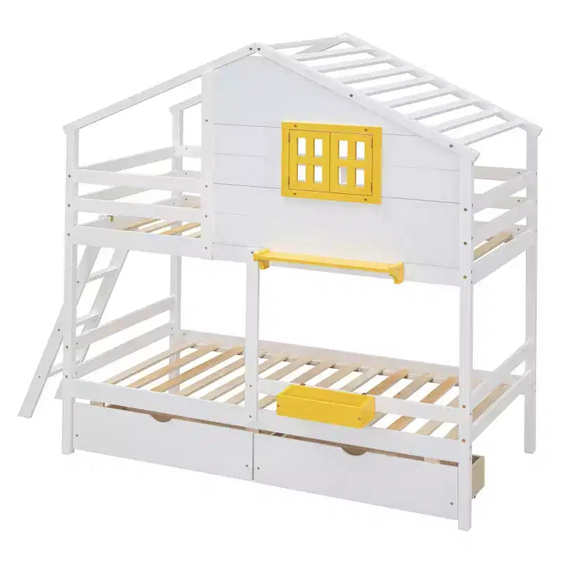 Twin over Twin House Bunk Bed with 2 Drawers, Storage Shelves and Window