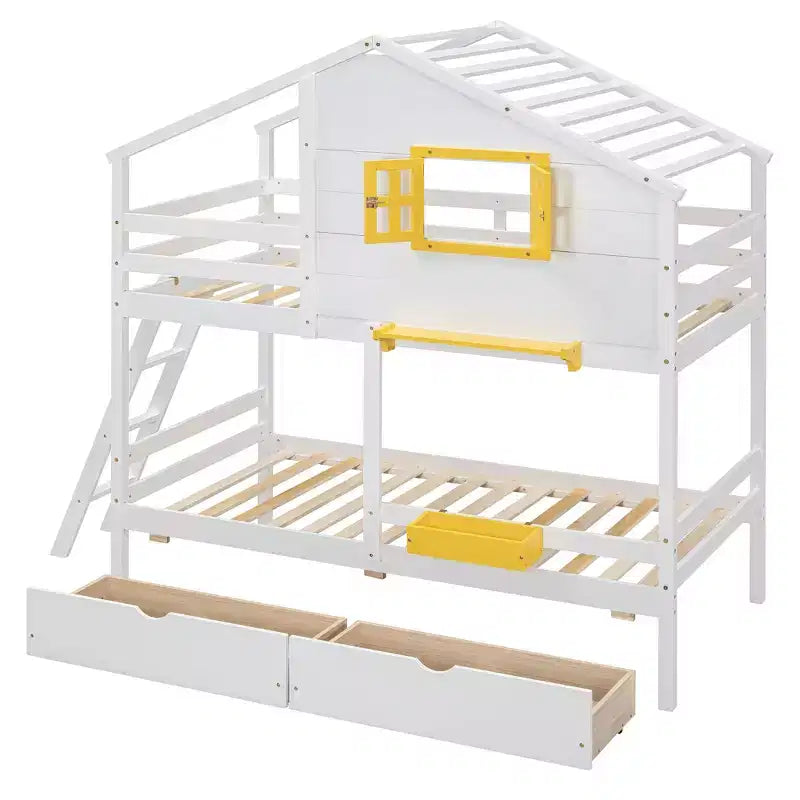Twin over Twin House Bunk Bed with 2 Drawers, Storage Shelves and Window