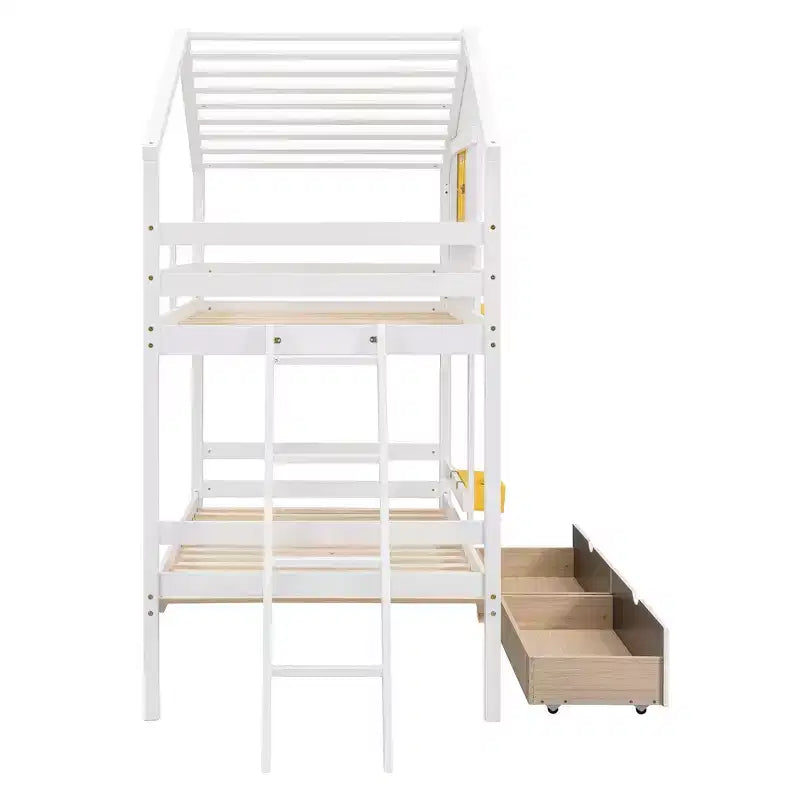 Twin over Twin House Bunk Bed with 2 Drawers, Storage Shelves and Window
