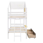 Twin over Twin House Bunk Bed with 2 Drawers, Storage Shelves and Window