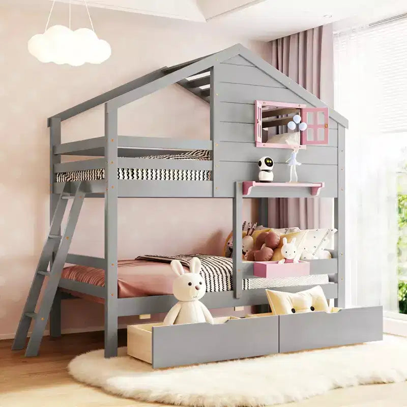 Twin over Twin House Bunk Bed with 2 Drawers, Storage Shelves and Window